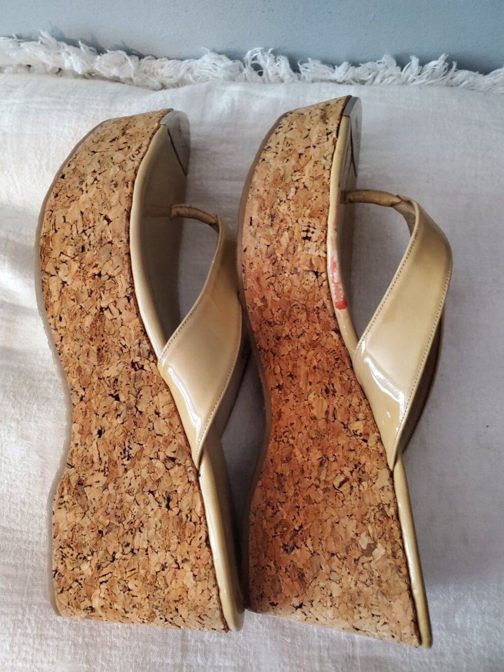Jimmy Choo Patent Leather Cork Wedge Sandals Yellow Resort Thong Y2K Design 40.5 - Picture 15 of 15